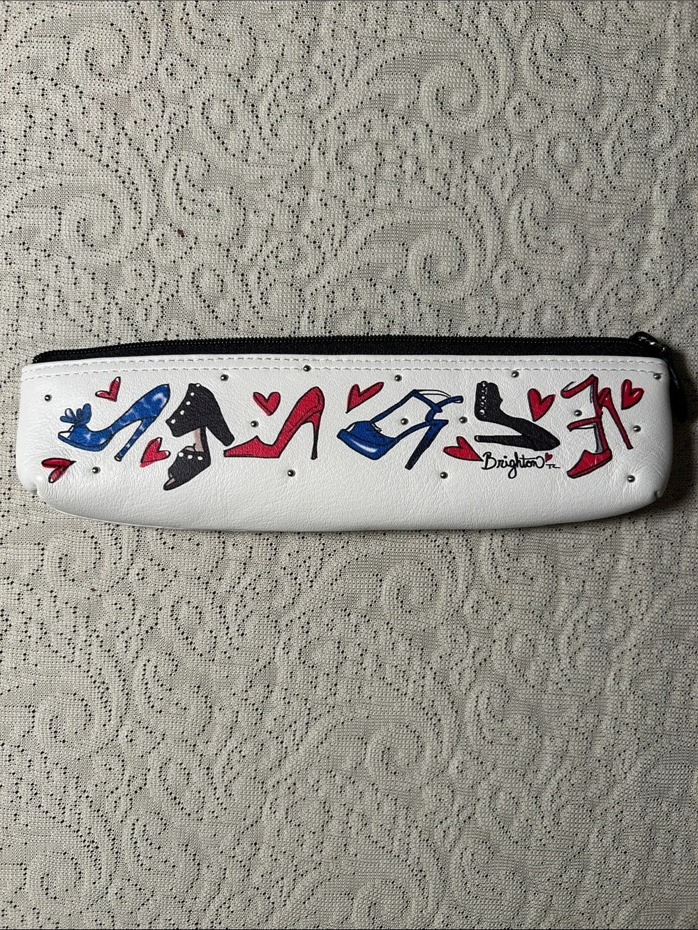 Brighton White Leather Cosmetic Zip Pouch with Red & Blue Shoe Motif